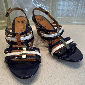 Sofft Posh Strappy Wedge Sandal Patent Leather Blue White Women’s Size 7